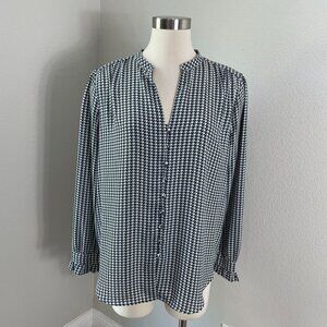Ann Taylor Womens Large Green Houndstooth Button Up Blouse Long Sleeve Shirt